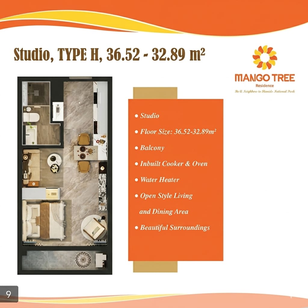 Type H studio apartment floor plan at Mango Tree Residence, Syokimau